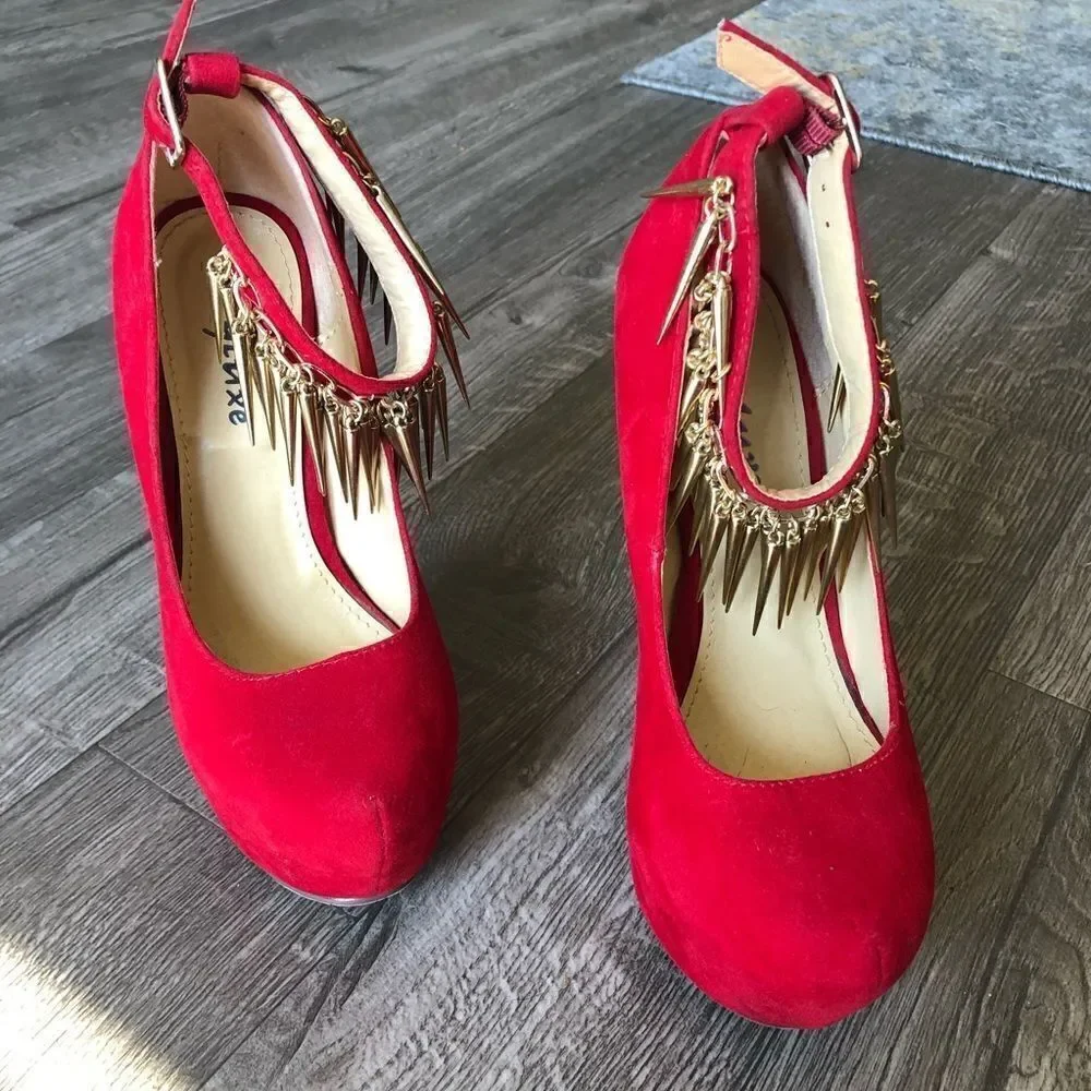 Styluxe Red Velvet Suede Platform Spike Ankle Strap Stiletto Heels